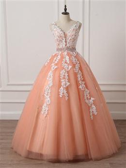 Picture of Gorgeous Coral Tulle  High Quality V-neck Lace Appliques Beads Party Dresses, Long Formal Dresses